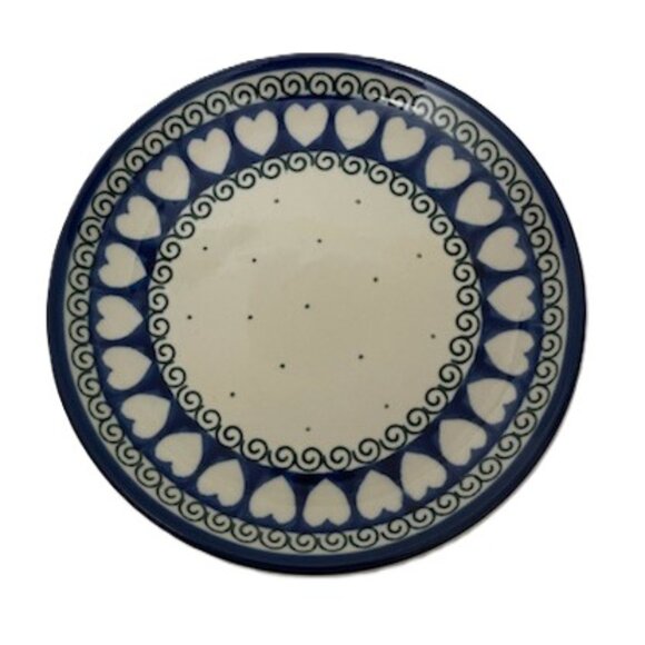 Boleslawiec Polish Pottery Plate Hand Made in Poland Cream Blue & Green Hearts - Picture 1 of 3